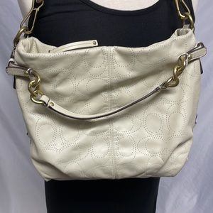 Beige Leather Coach Bag with Handles and Strap